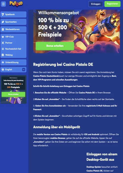 Anmeldung Casino Pistolo